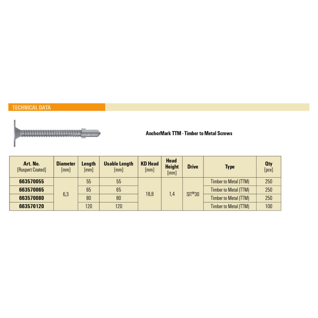 AnchorMark 6.3mm TTM (Timber to Metal) Ruspert Self Drilling Screw (Various Sizes)